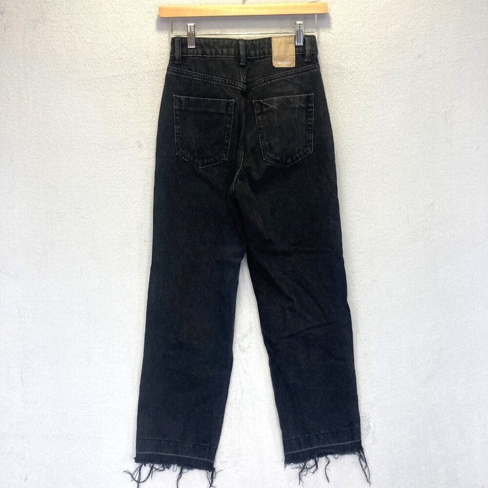 ZARA Raw Hem Jeans Size 2 Black Denim High Waist Straight Leg 27.5" Inseam Punk - Picture 2 of 14